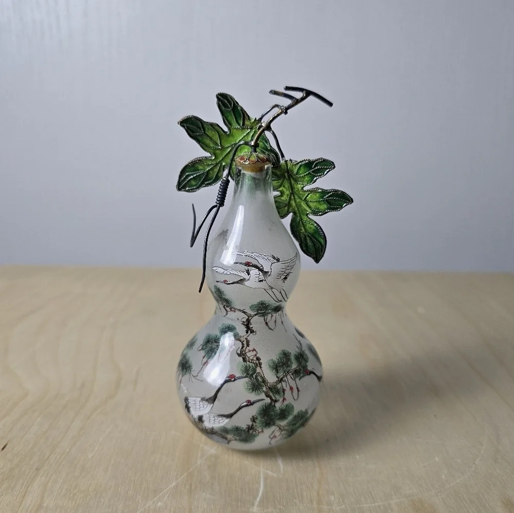 Vintage Chinese Inside Hand Painted Glass with Enamel Leafs
